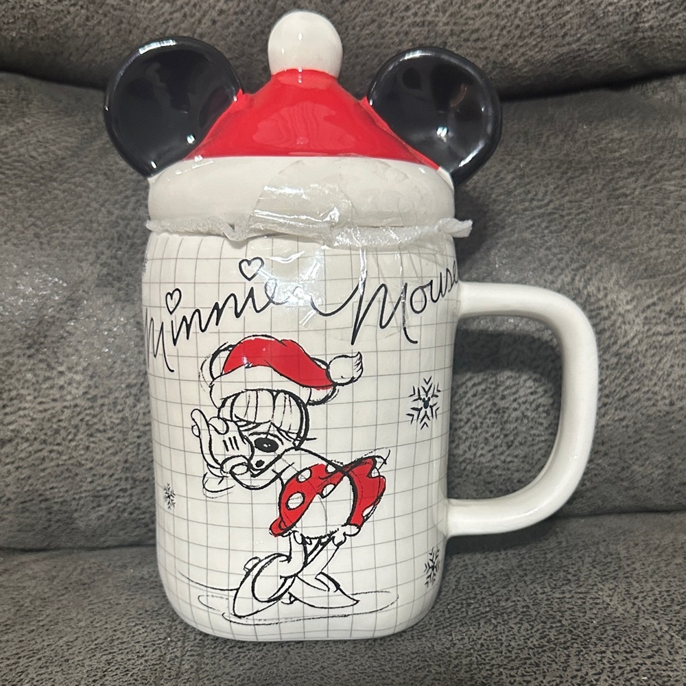 Disney Minnie Mouse Red Black White Ceramic Holiday Mug with Ear Lid